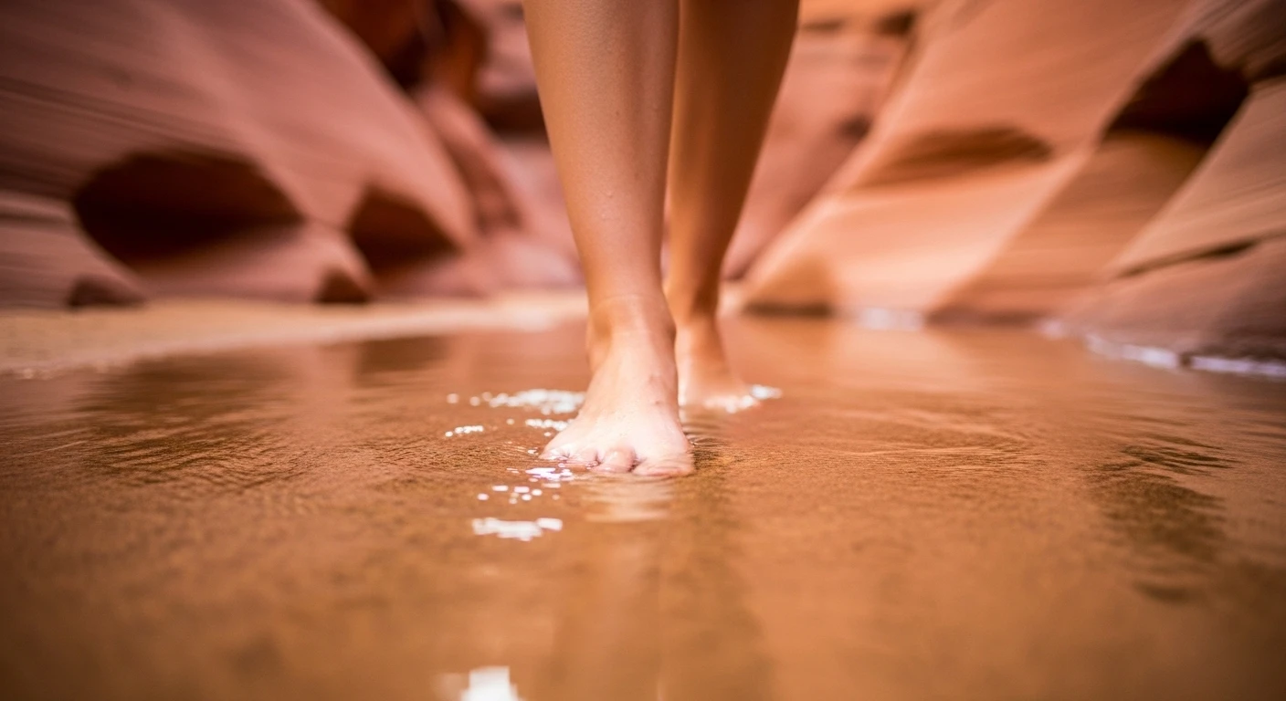 Close-up of a person's bare feet walking through the shallow, clear water of the Fairy Stream, with sand formations visible in the background
