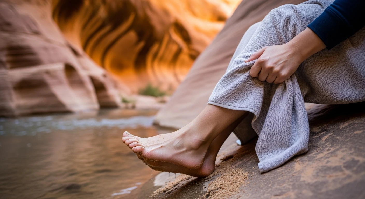 A person is seen drying their feet with a towel after wading through the Fairy Stream, with colorful sand formations in the background