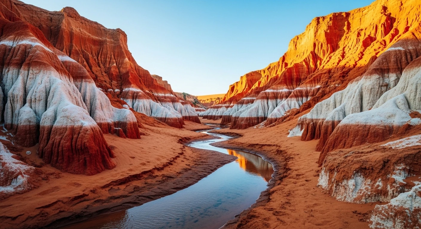 A panoramic view of the Fairy Stream canyon, showcasing the vibrant red and orange sand formations and the shallow stream flowing through it