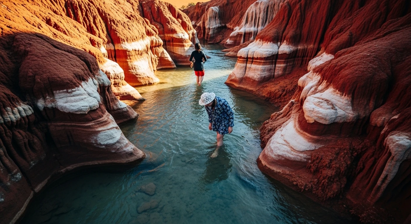A barefoot person wading through a shallow, clear stream flanked by vibrant red and orange sand formations