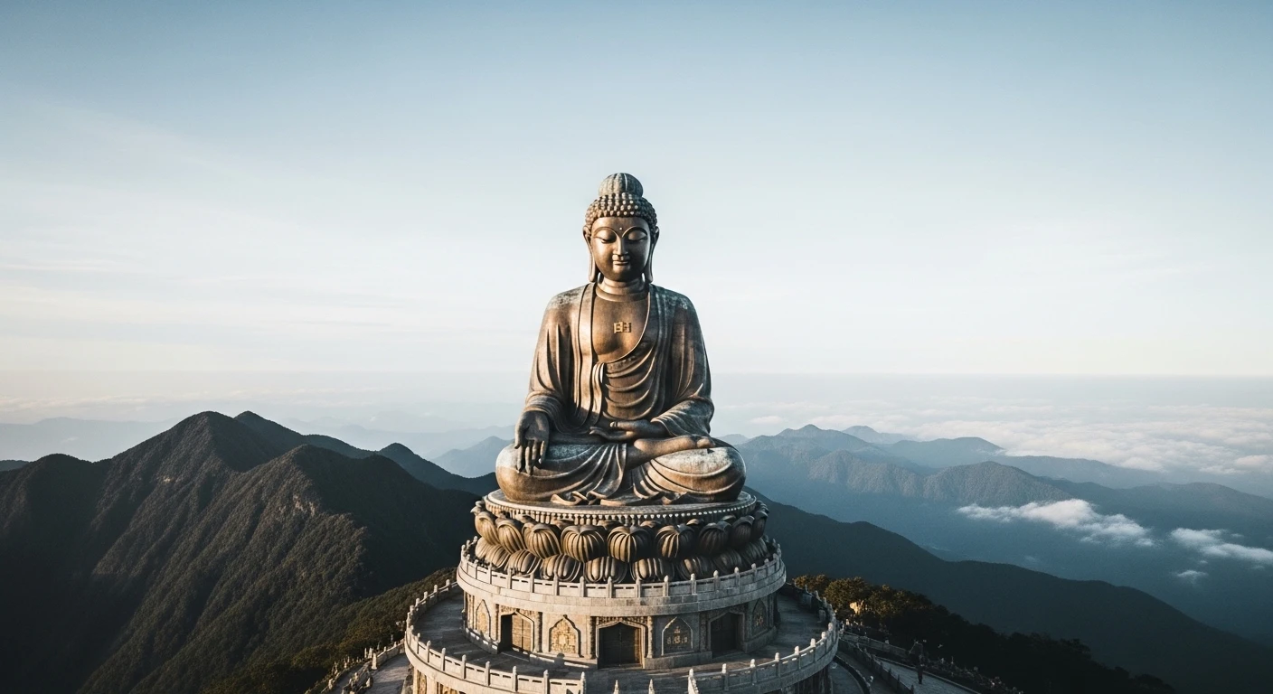 A grand bronze Buddha statue at the summit of Fansipan, set against a backdrop of misty mountains and blue sky
