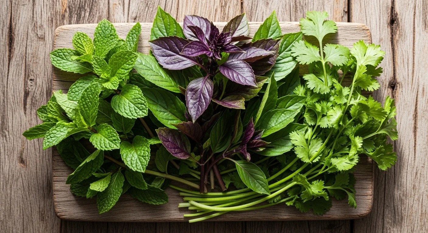 A close-up of a variety of fresh Vietnamese herbs used in spring rolls: mint, basil, cilantro.