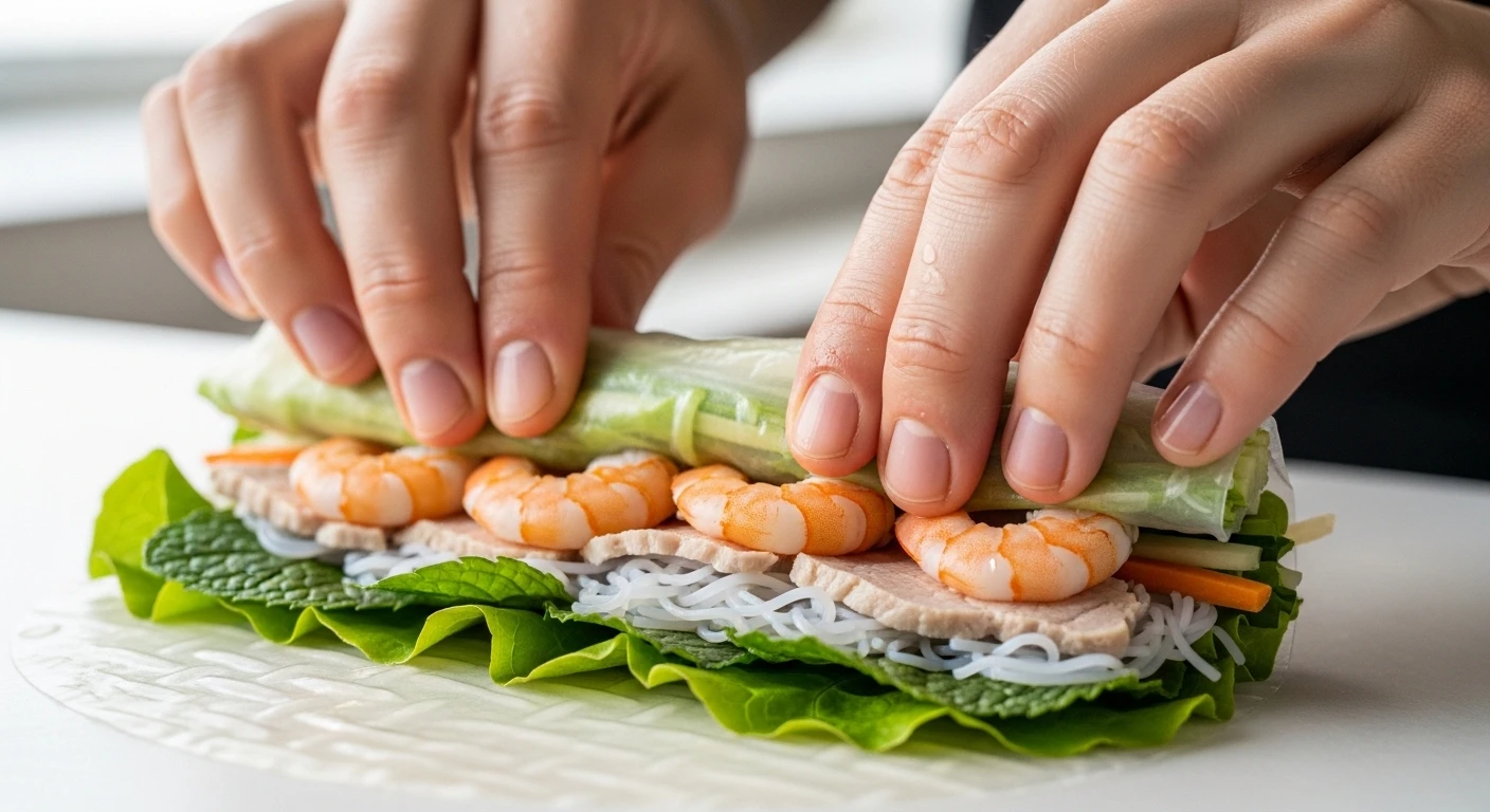 A hands-on shot of someone demonstrating the folding and rolling technique for a Vietnamese fresh spring roll.