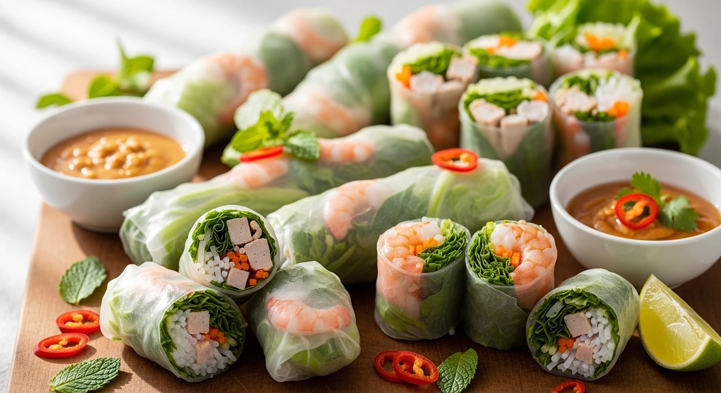 A platter of beautifully arranged Vietnamese fresh spring rolls, some sliced in half to reveal the ingredients, served with peanut sauce and nuoc cham.