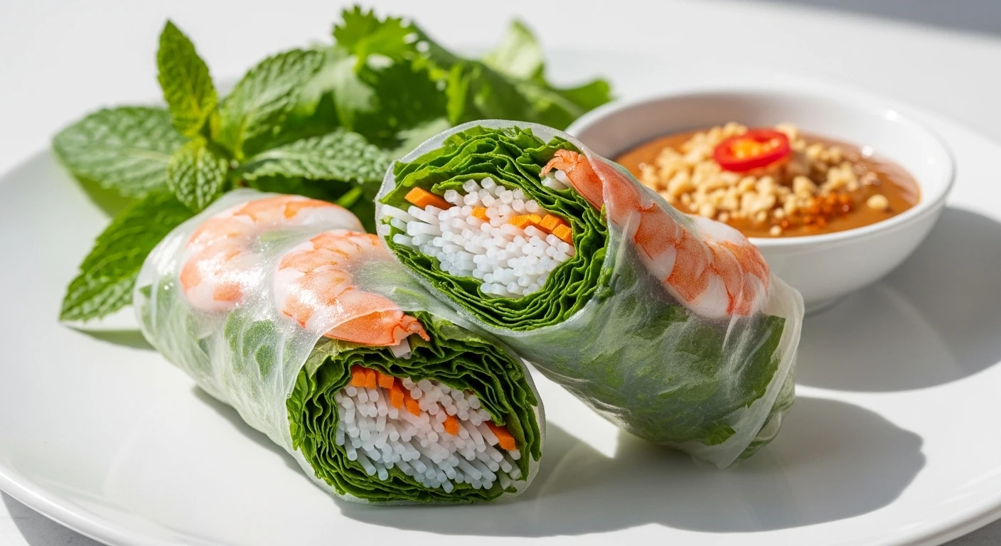 A perfectly rolled Vietnamese fresh spring roll, glistening and translucent, with visible shrimp and herbs inside.