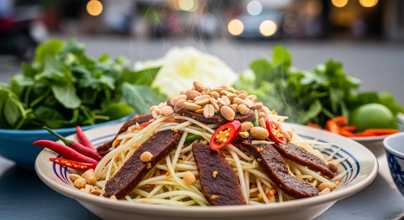 A close-up of a vibrant Vietnamese green papaya salad with shredded papaya, beef jerky, herbs, and peanuts