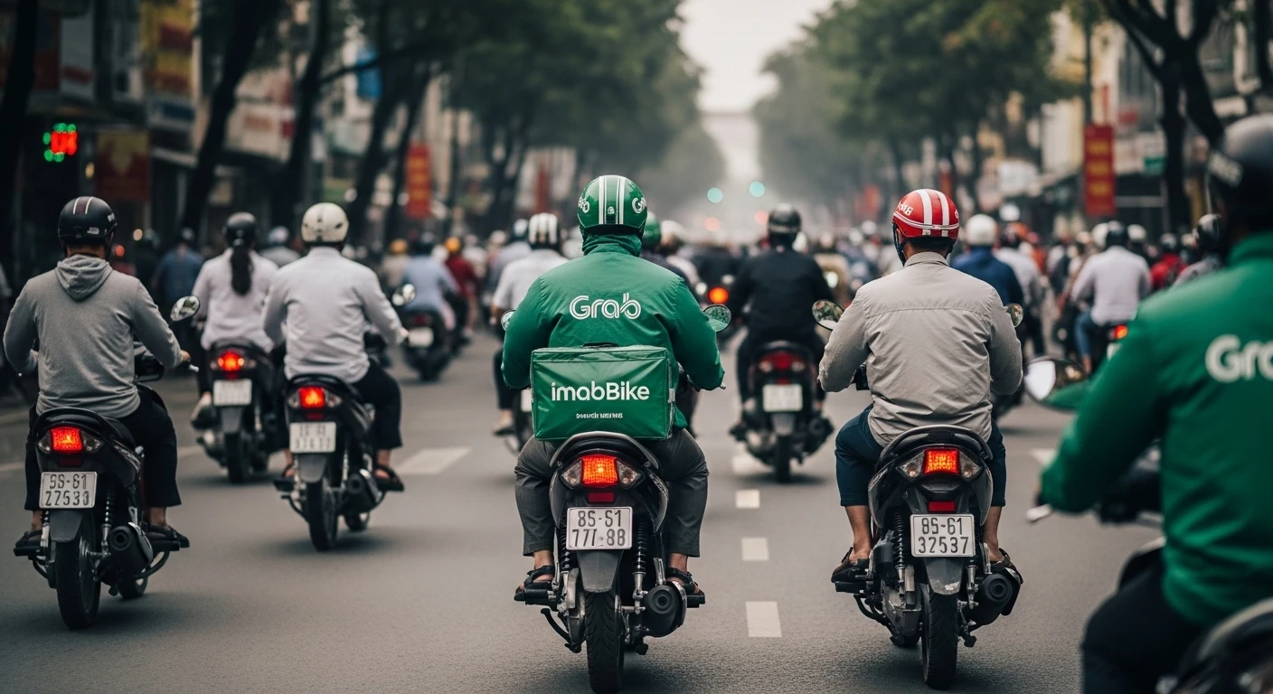 A bustling street scene in Ho Chi Minh City showing various motorbikes, including a GrabBike driver with their helmet