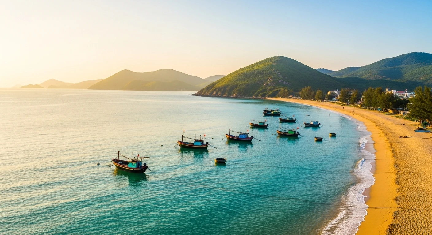 A scenic view of Ha Tien's coastline with traditional fishing boats