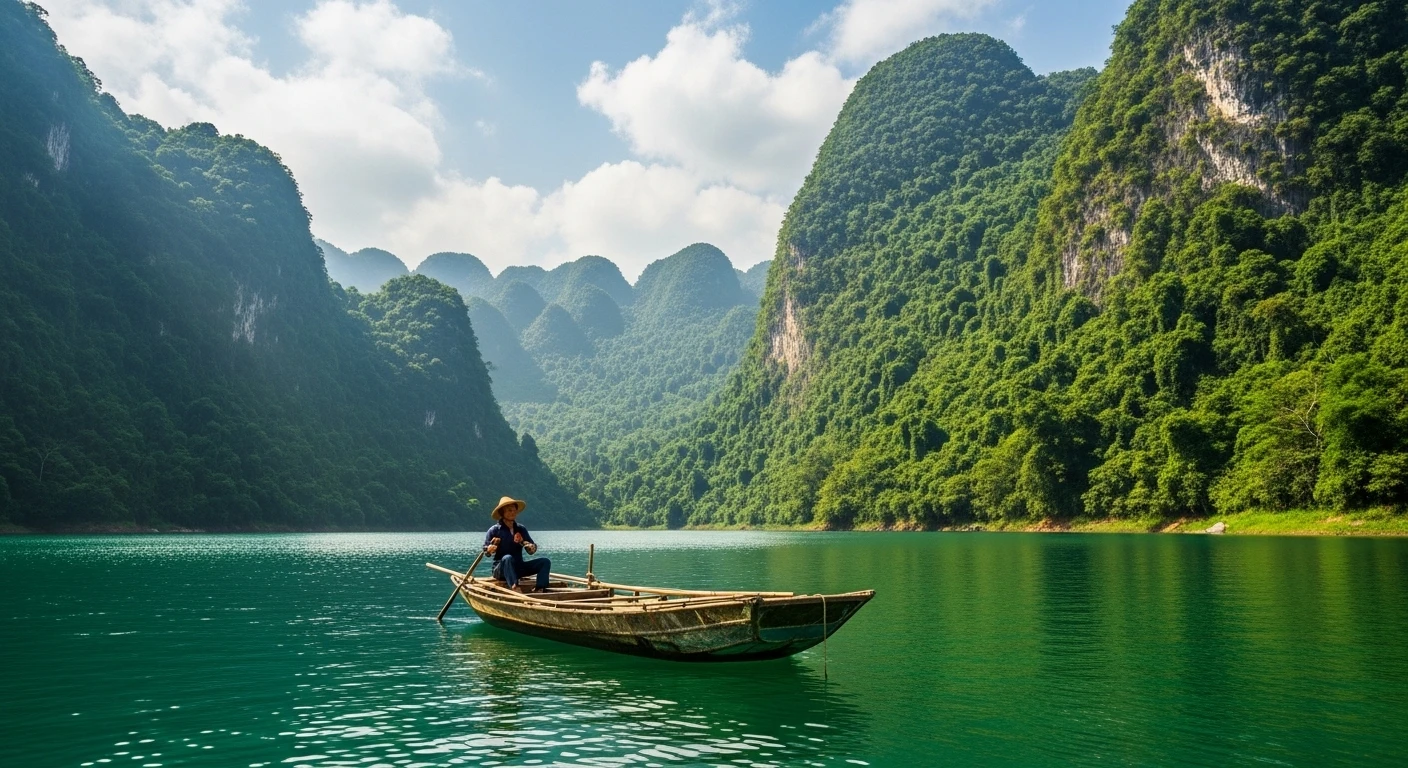 A traditional wooden boat on Ke Go Lake, with lush green hills in the background