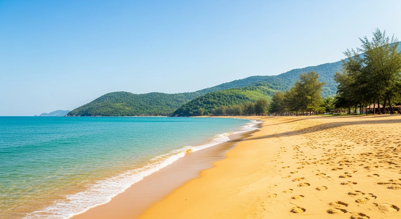 Golden sands and clear turquoise waters of Thien Cam Beach with lush green hills in the distance