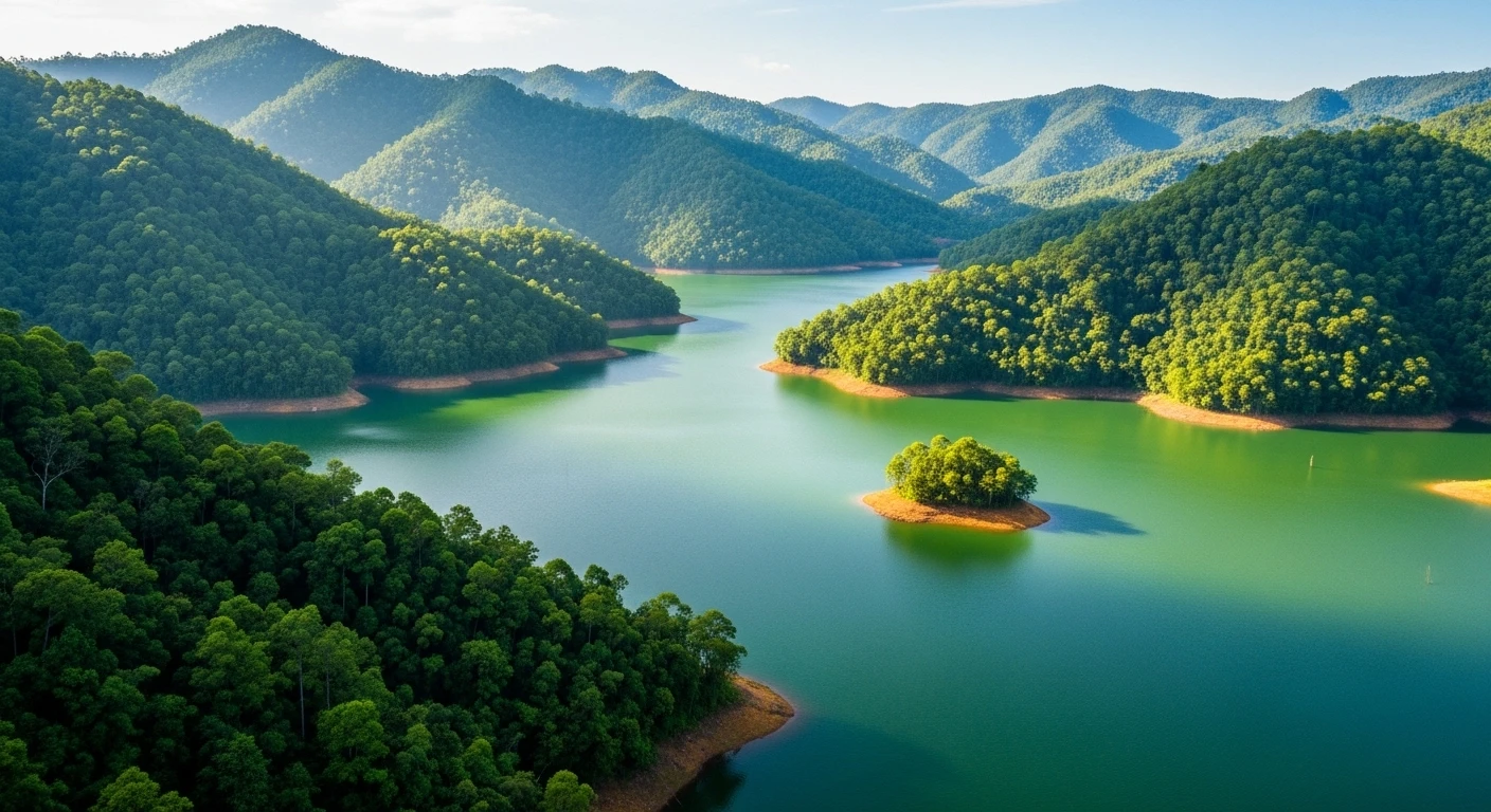 Panoramic view of Ke Go Lake surrounded by lush green forests in Ha Tinh