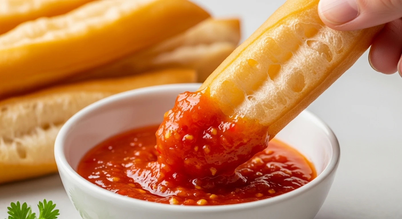 A close-up of crispy, pâté-filled Banh Mi Que breadsticks being dipped in chili sauce