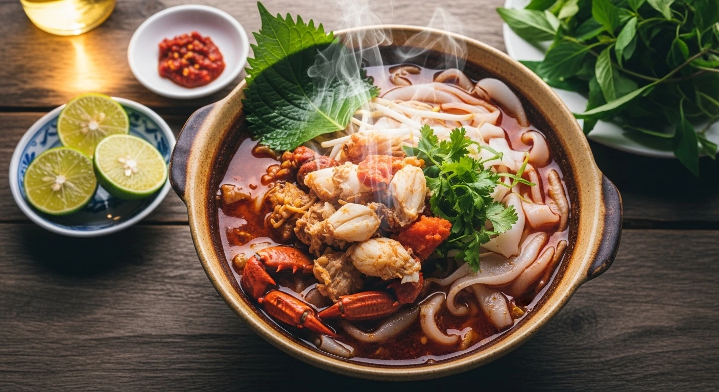 A steaming bowl of Banh Da Cua, Hai Phong's signature red crab noodle soup