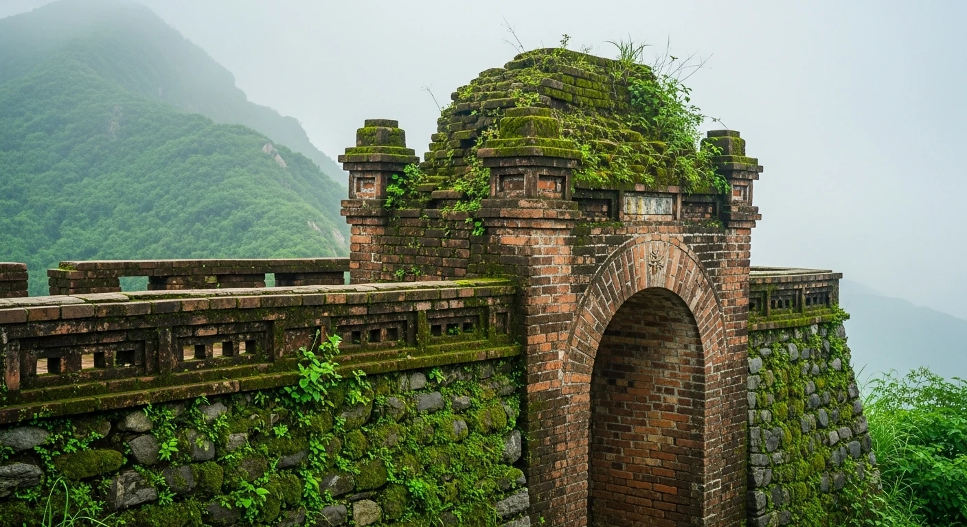 View from Hai Van Pass summit with historic fortification