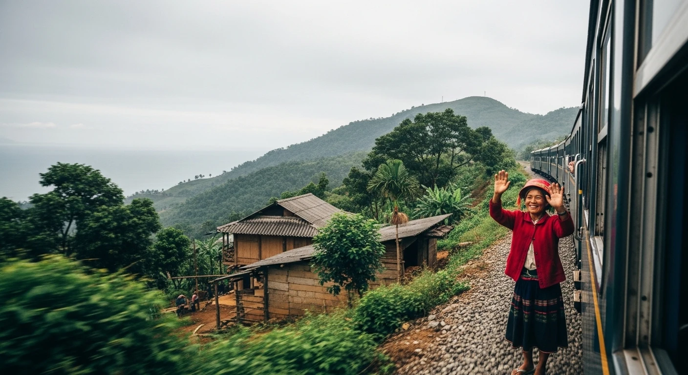 A local villager waves to the passing train as it navigates a scenic stretch of the Hai Van Pass coastline.