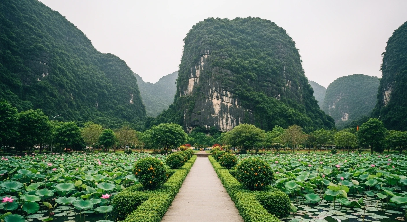 The base of Hang Mua Peak with lush gardens and ponds leading towards the mountain
