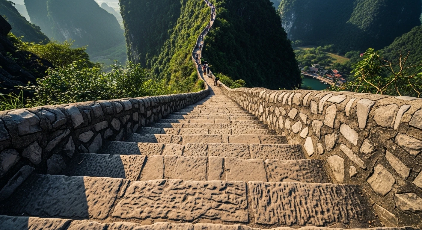 A close-up of the stone steps of Hang Mua Peak, showing the steep incline and worn texture