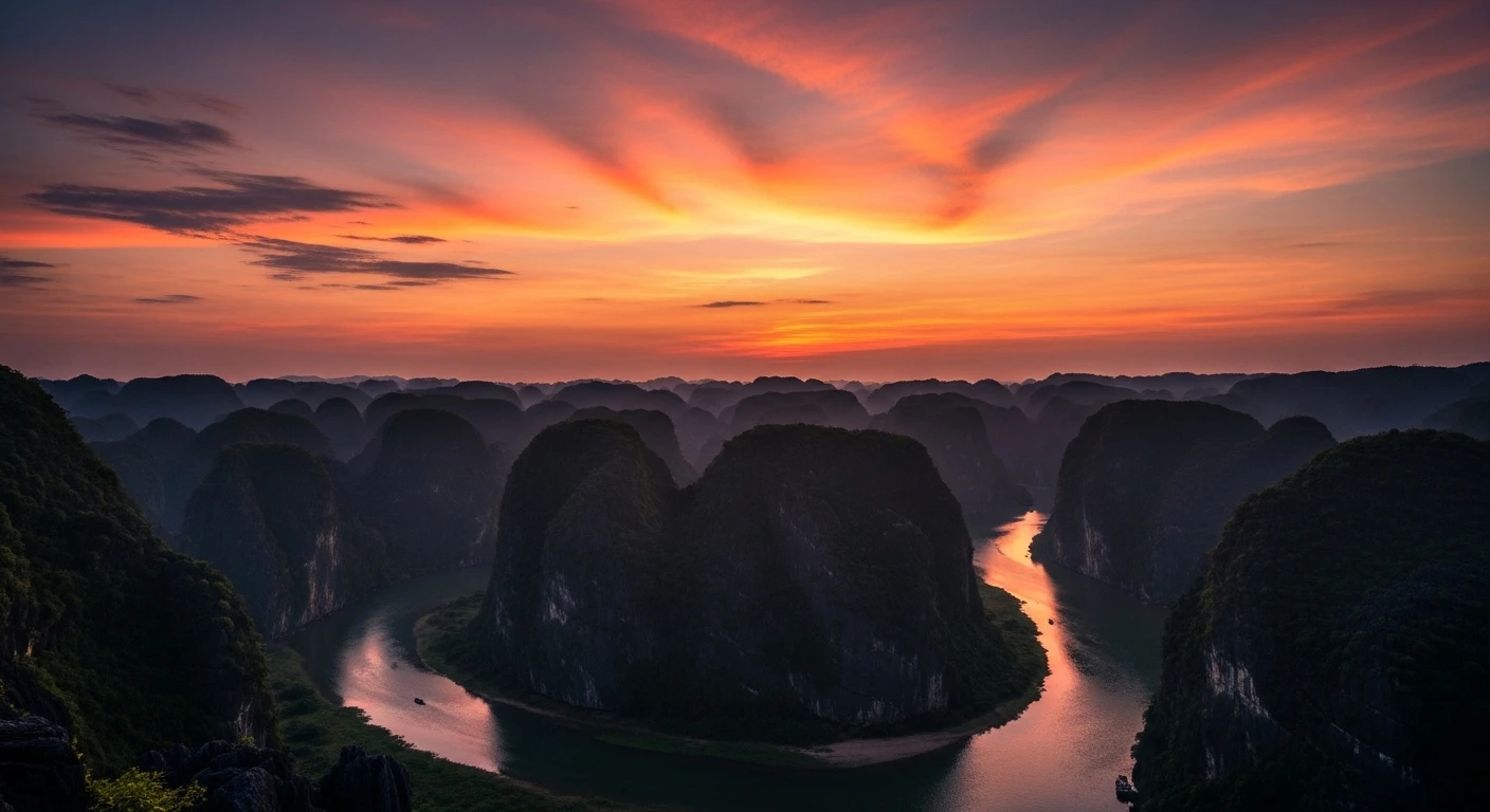 A stunning sunset view from Hang Mua Peak, showing the vibrant colors over the Tam Coc valley