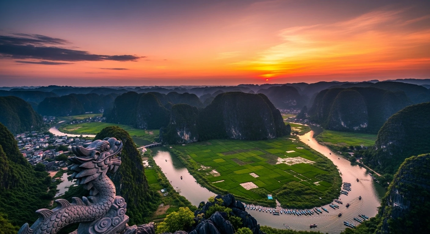 Panoramic view from Hang Mua Peak overlooking Tam Coc valley at sunset