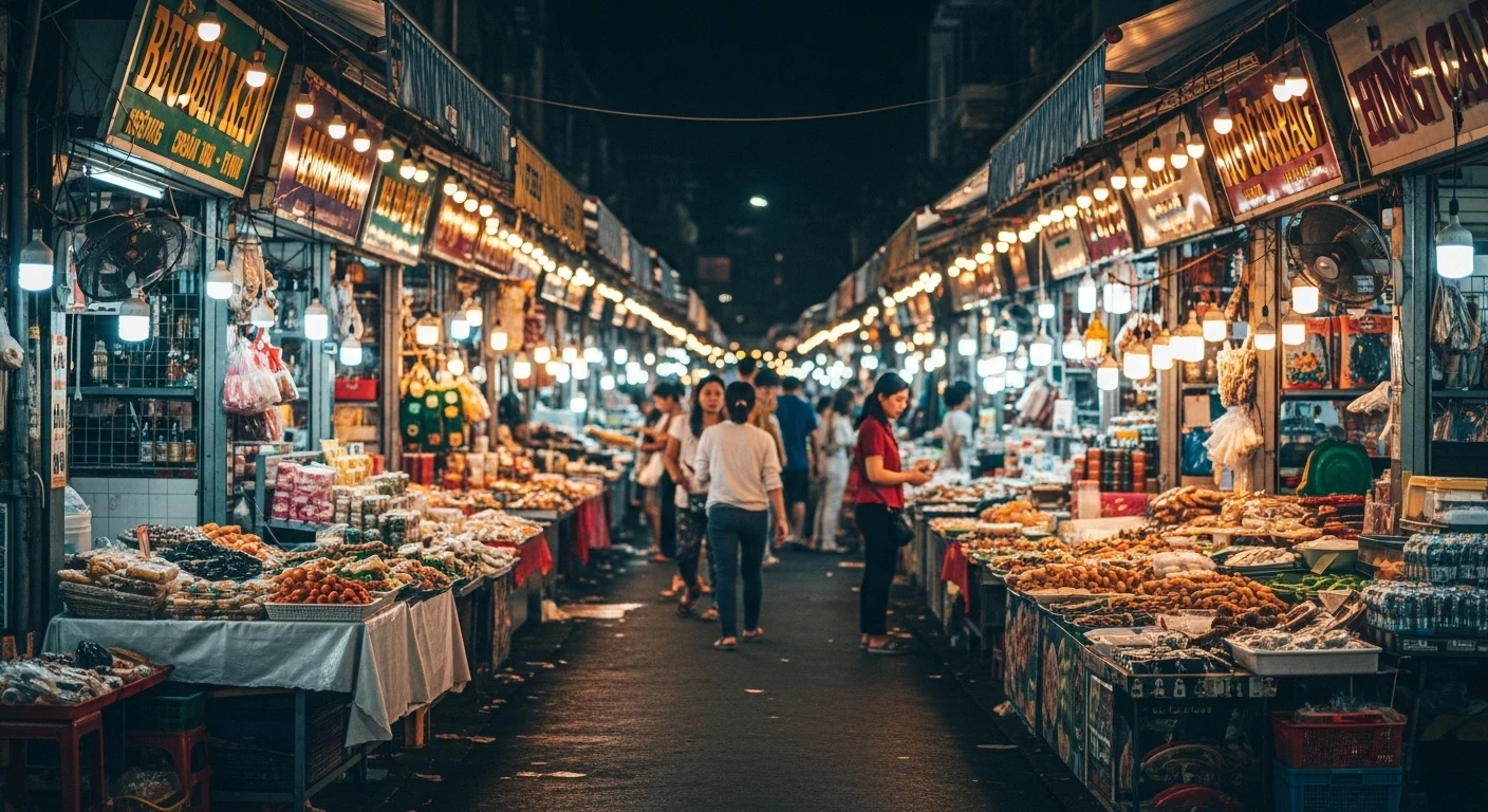 A lively scene at Dong Xuan Night Market with food stalls and shoppers