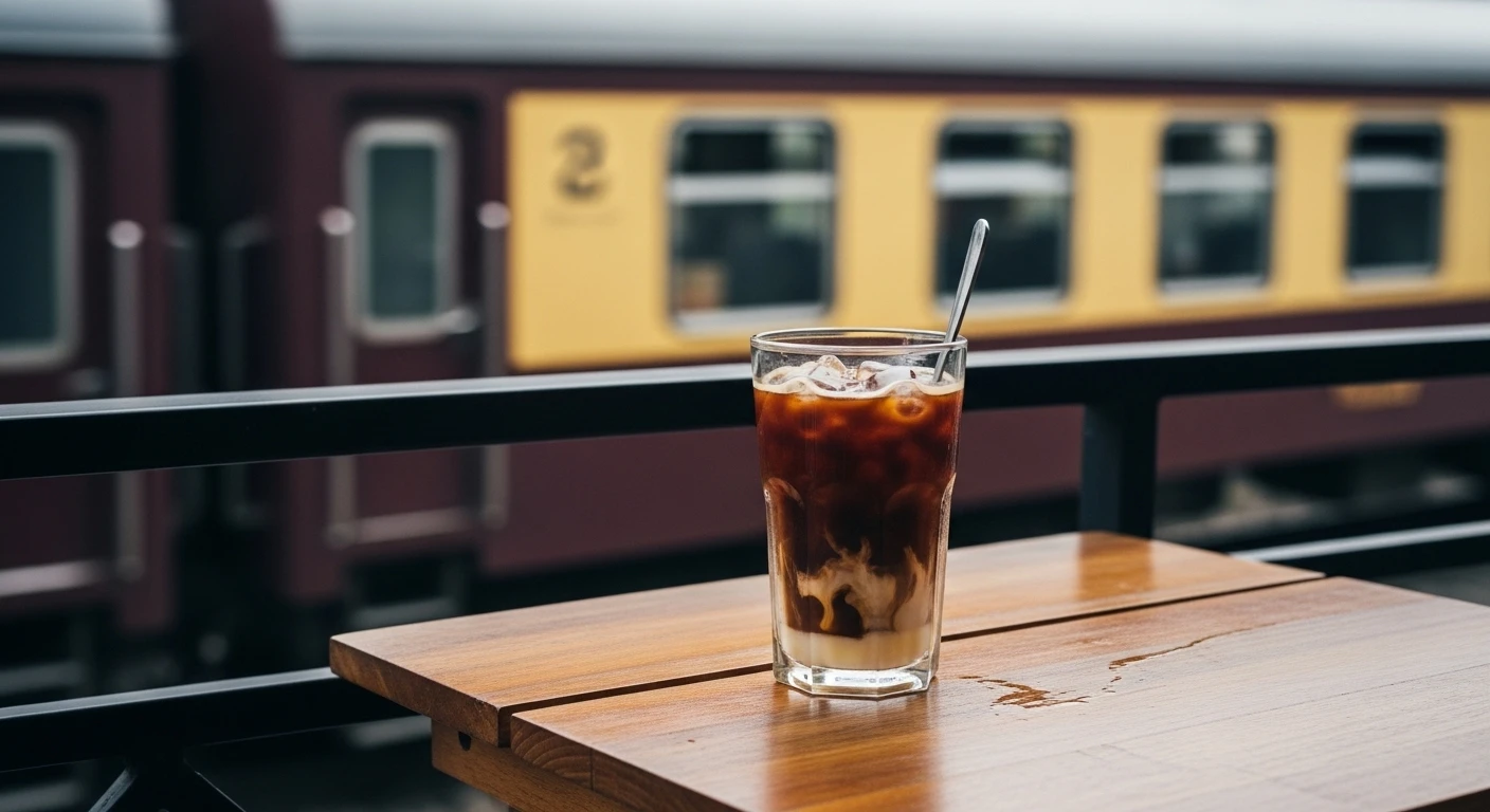 A detailed shot of Vietnamese iced coffee served on a table overlooking Hanoi Train Street