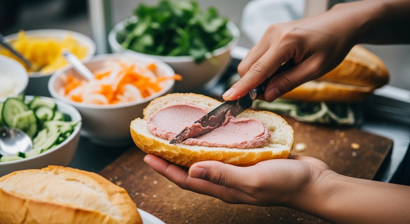 A vendor slicing a baguette and spreading pate inside, preparing to assemble a banh mi.