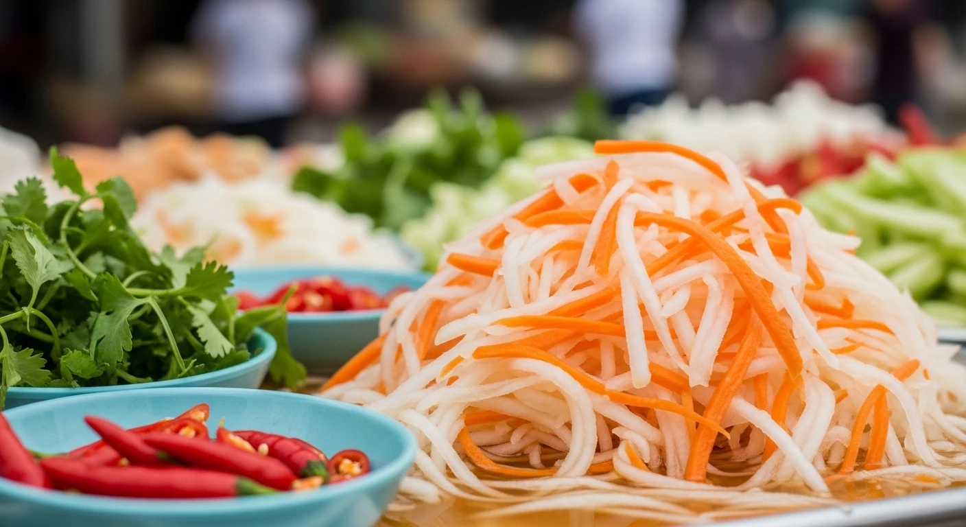 A close-up of vibrant pickled daikon and carrots, a key component of Banh Mi.