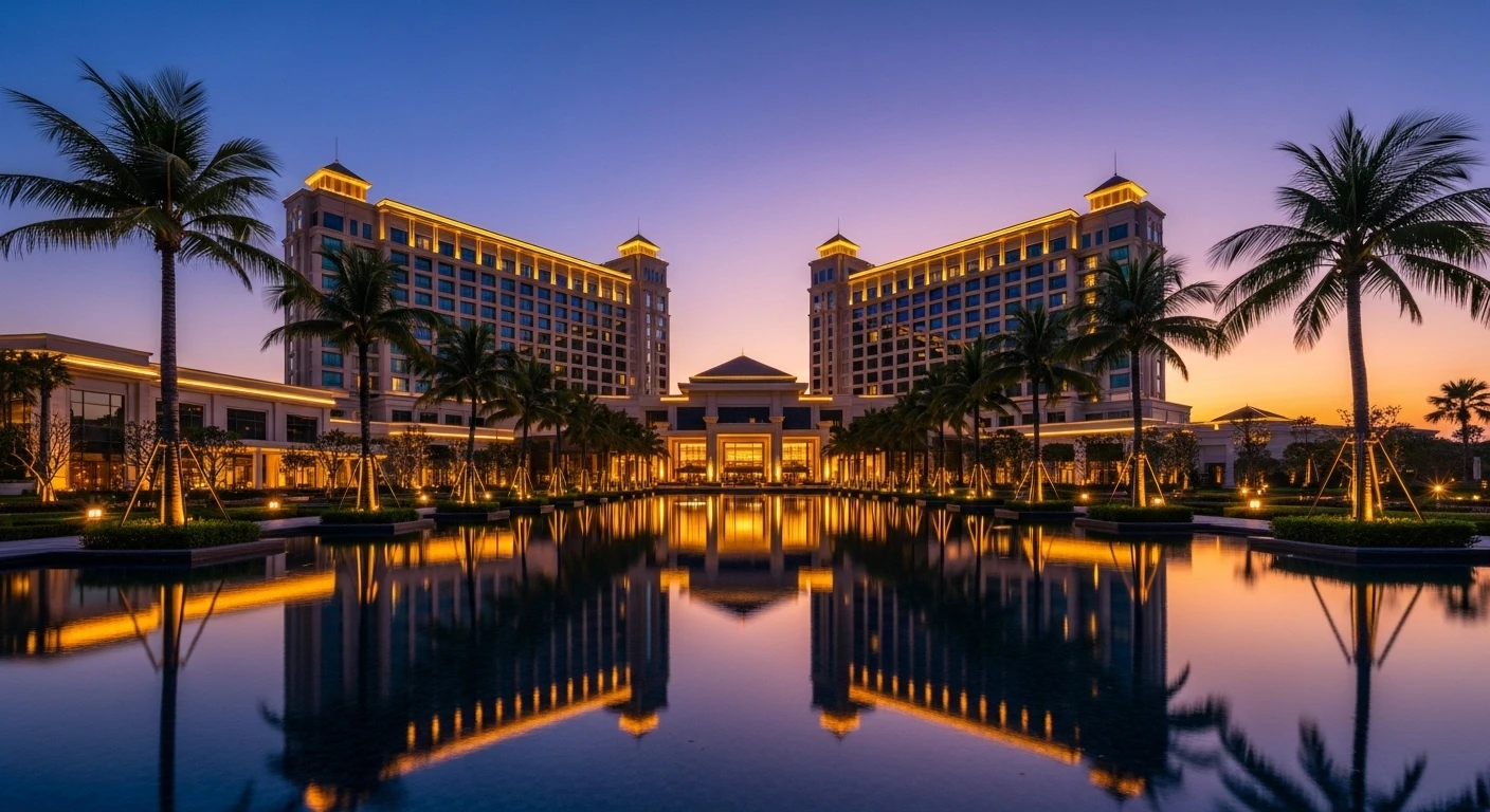 The exterior of the Ho Tram Grand Resort & Casino at dusk, lit up impressively