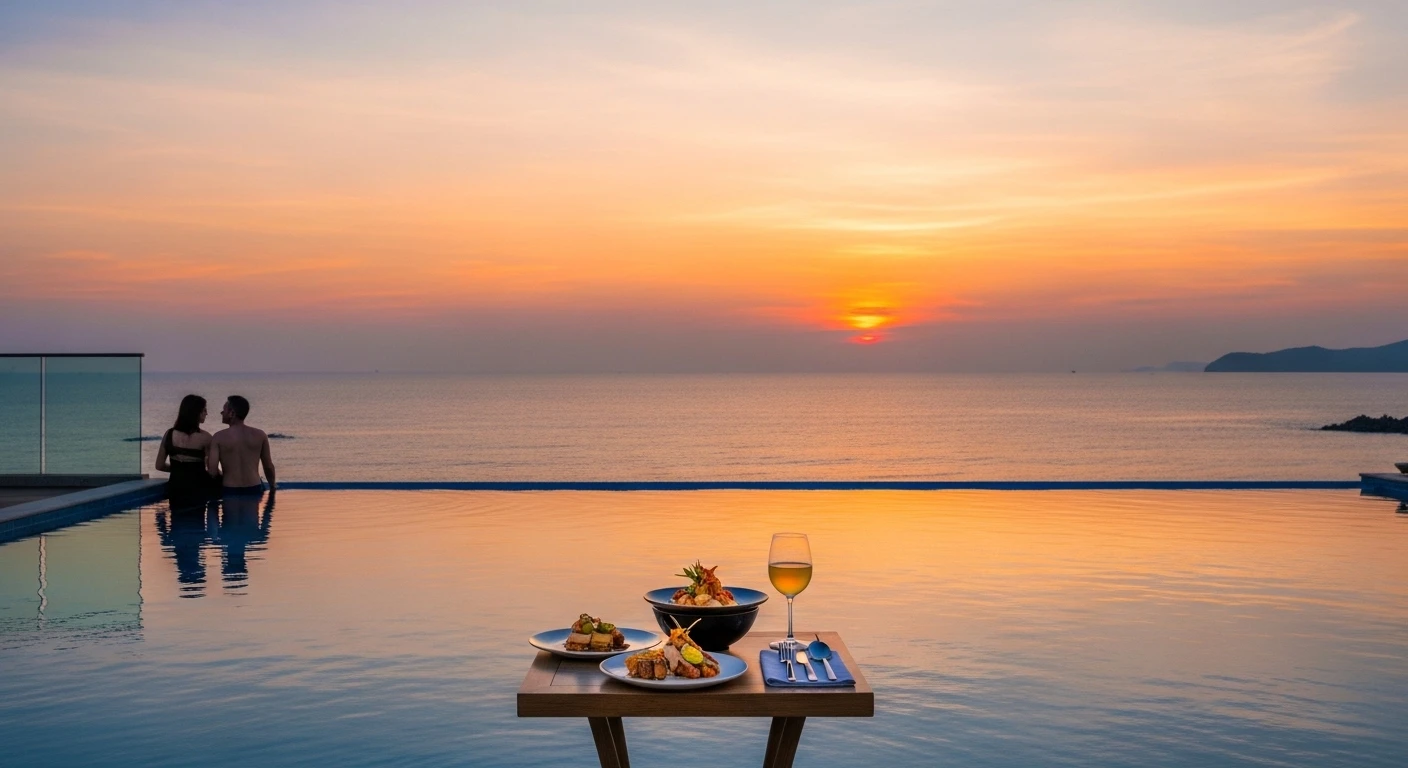 A luxurious infinity pool overlooking Ho Tram Beach at sunset