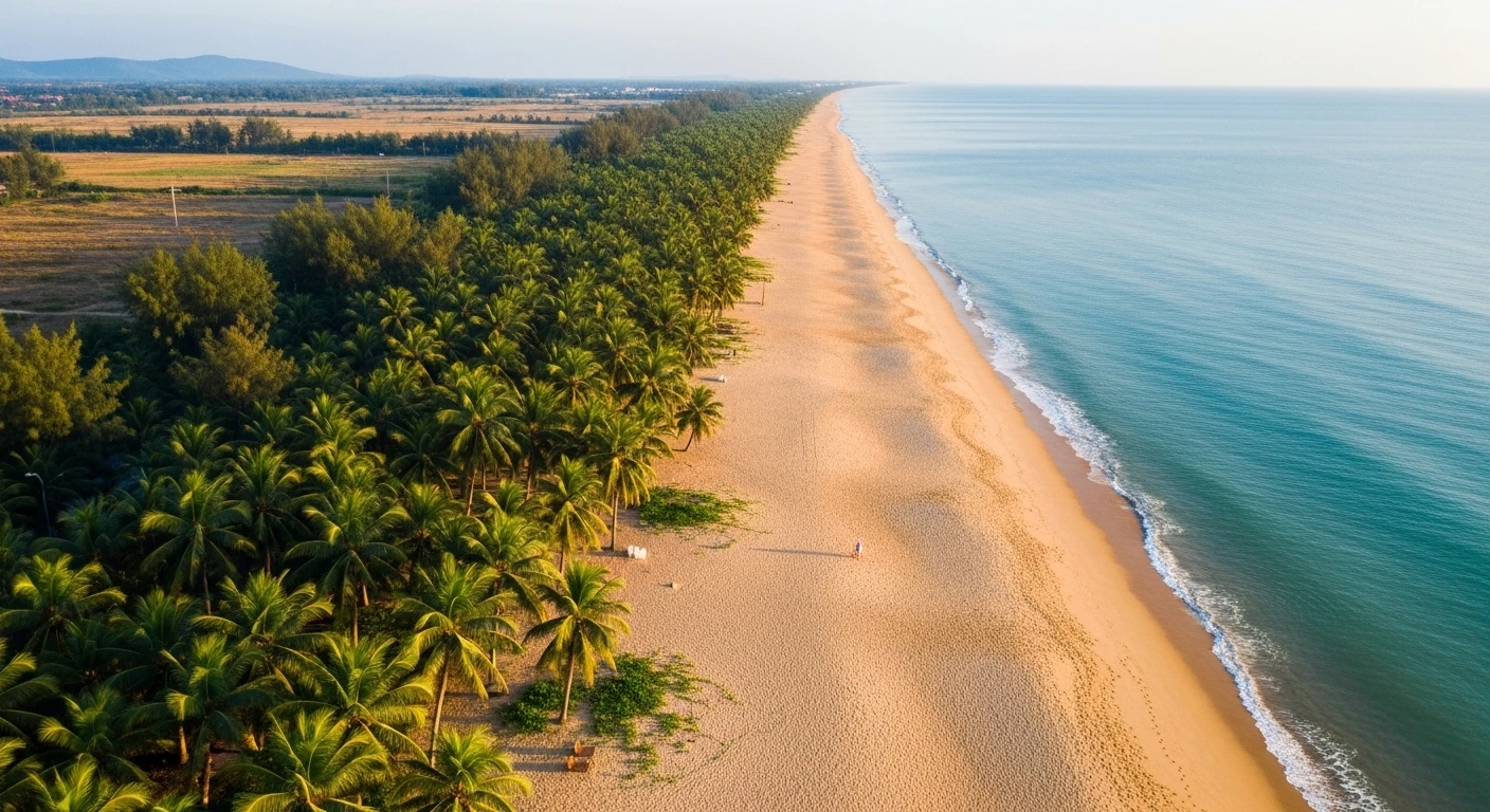 A sweeping panoramic view of Ho Tram Beach with palm trees and calm waters