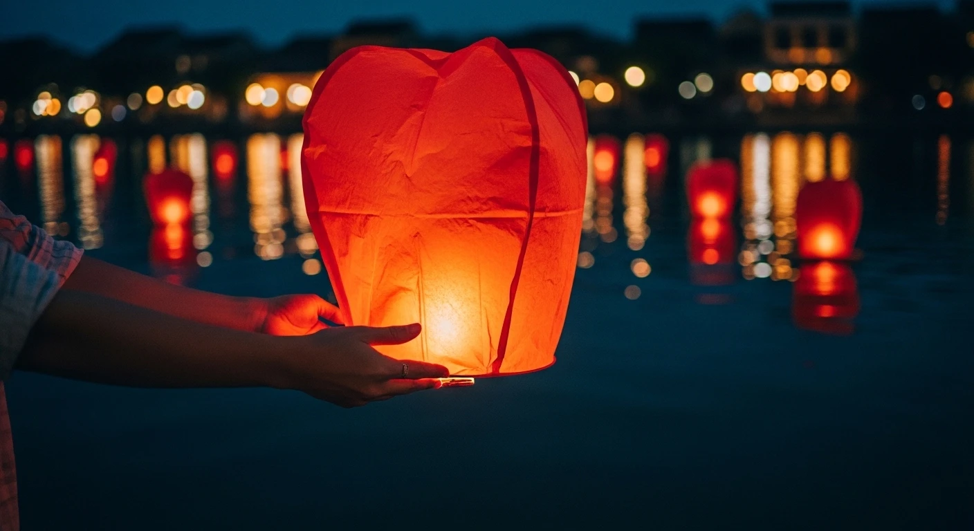 A close-up of a hand releasing a glowing paper lantern onto the Hoai River in Hoi An.