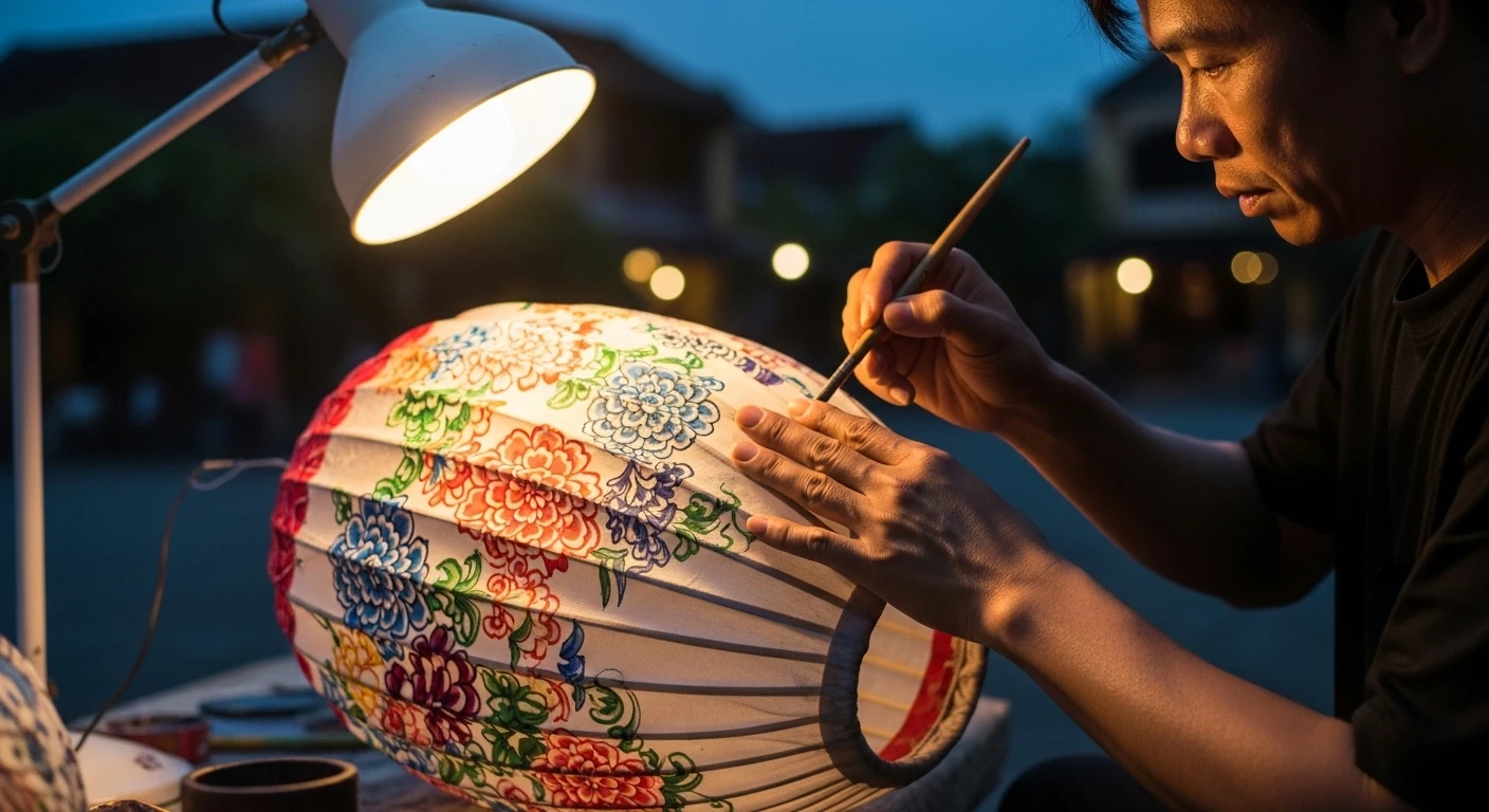 A craftsman carefully painting a silk lantern in Hoi An at dusk.