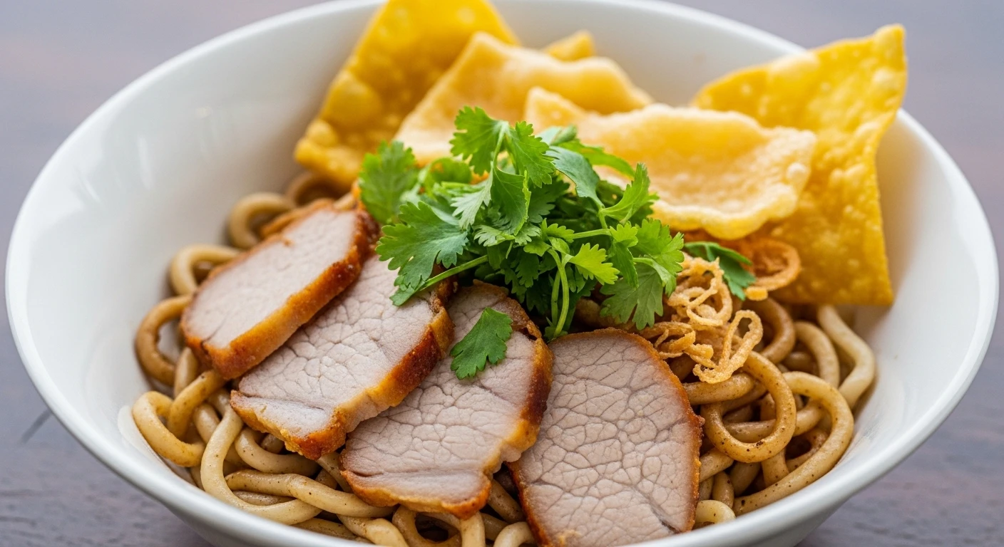 A close-up of a steaming bowl of Cao Lau noodles with pork and herbs