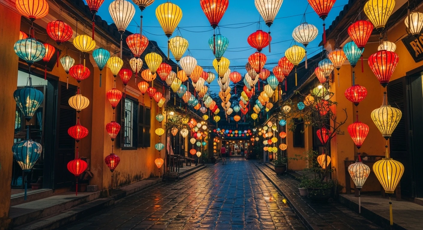 Hoi An Old Town at night, lit by colorful silk lanterns hanging between buildings