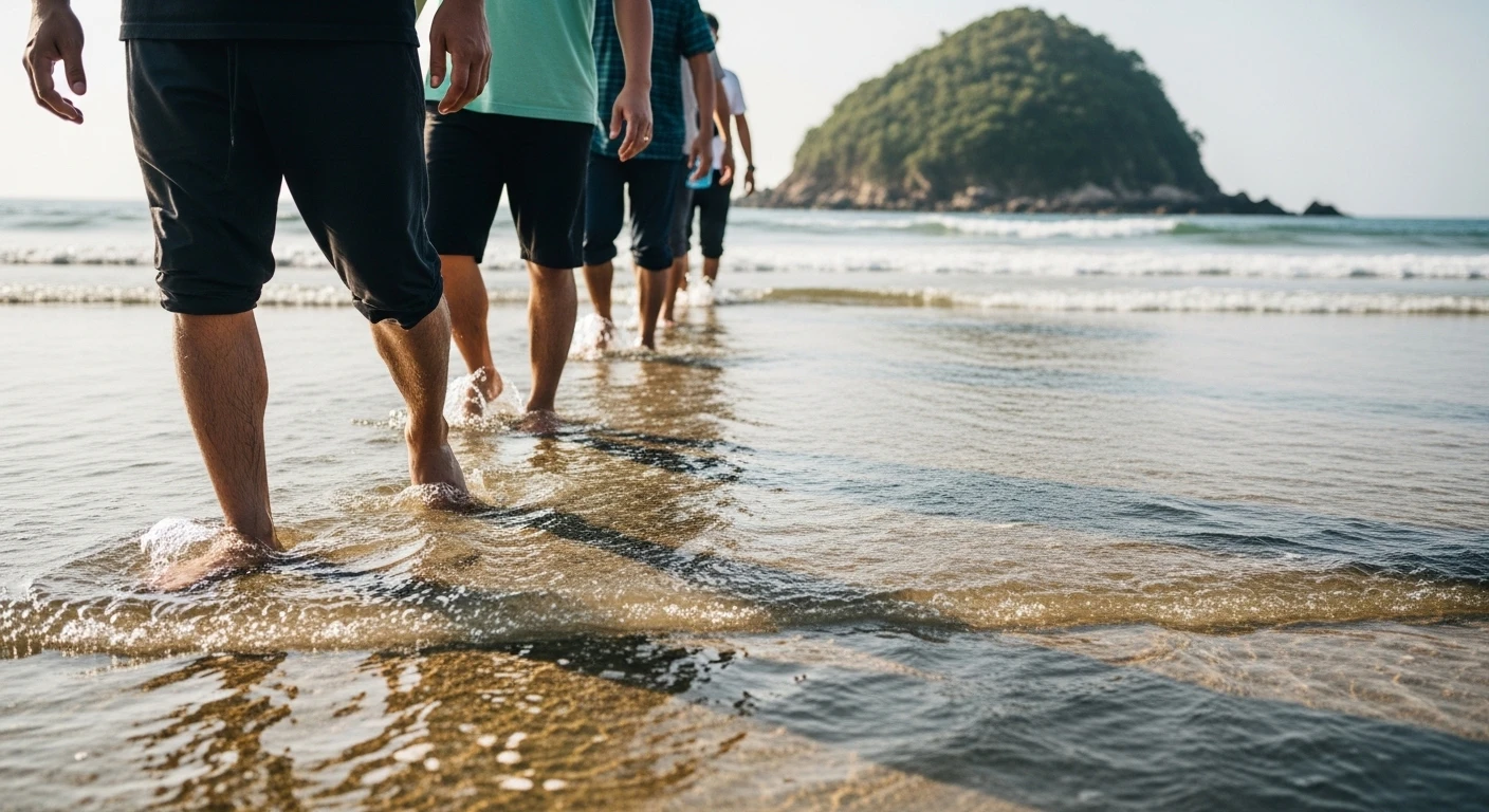 Close-up of people walking on the submerged sand path towards Hon Kho Island