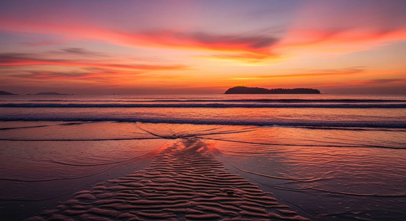 A stunning sunset view over the ocean near Hon Kho Island, with the sand path visible