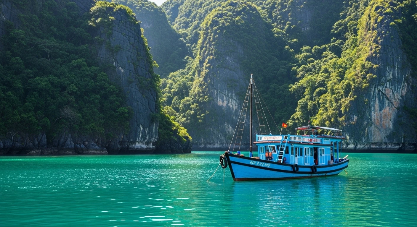 A wooden dive boat approaches the rocky shores of Hon Mun Island