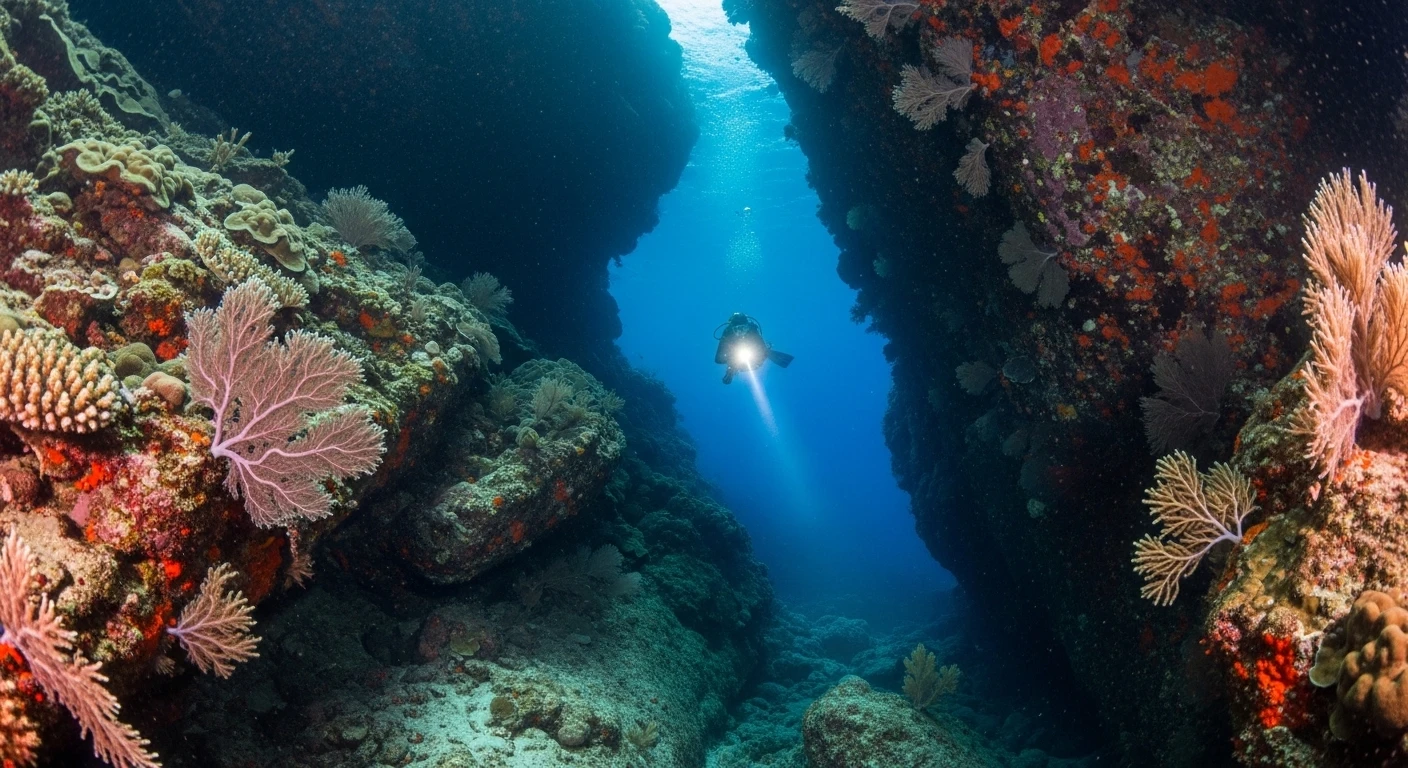 A scuba diver swimming past vibrant coral and tropical fish in clear blue water
