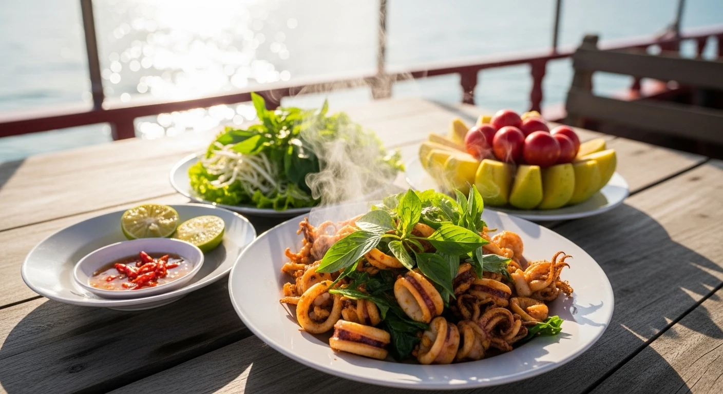Fresh Vietnamese seafood served with herbs and lime after a dive