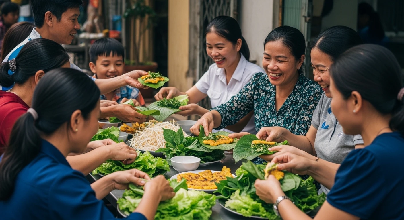 A family or group of friends happily eating Banh Xeo at a street food stall in the Mekong Delta