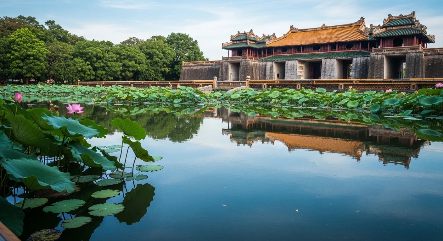 A serene lotus pond within the Hue Imperial Citadel, reflecting the sky