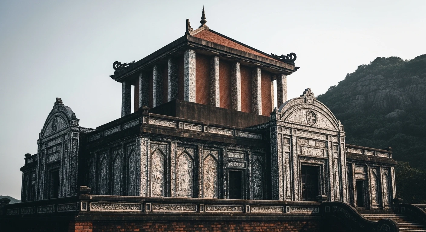 The imposing facade of Khai Dinh Tomb, showcasing its unique blend of architectural styles