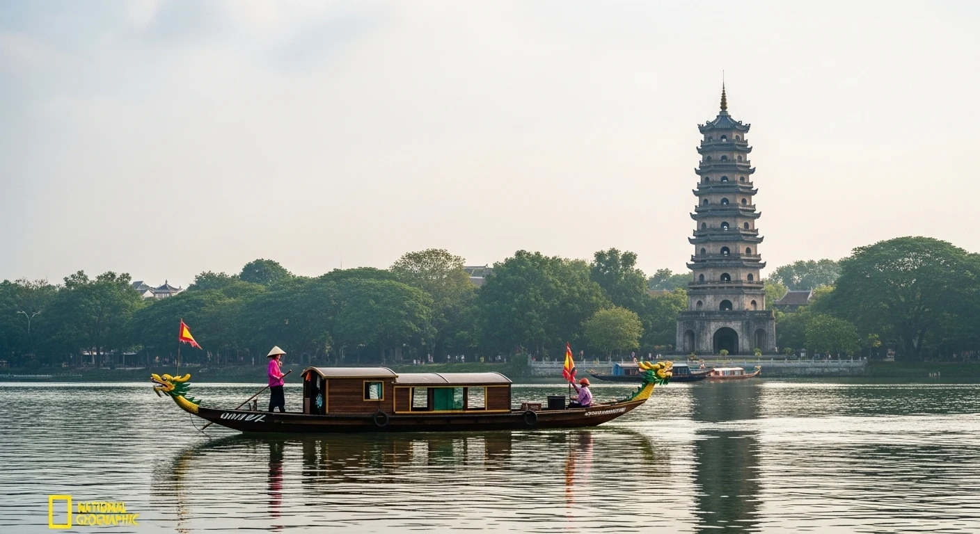 A traditional dragon boat on the Perfume River, with Thien Mu Pagoda visible in the background