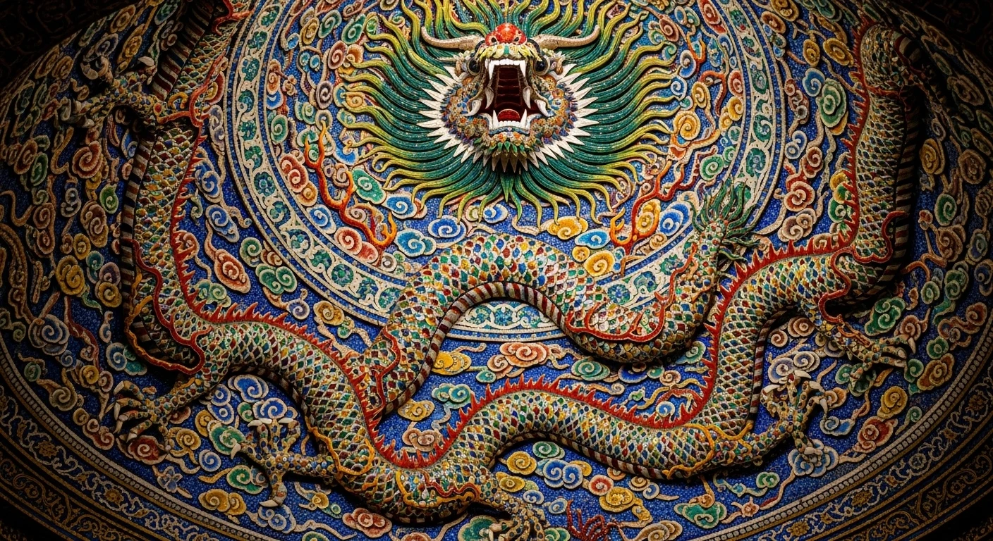 Intricate mosaic depicting a dragon on a ceiling inside Khai Dinh Tomb