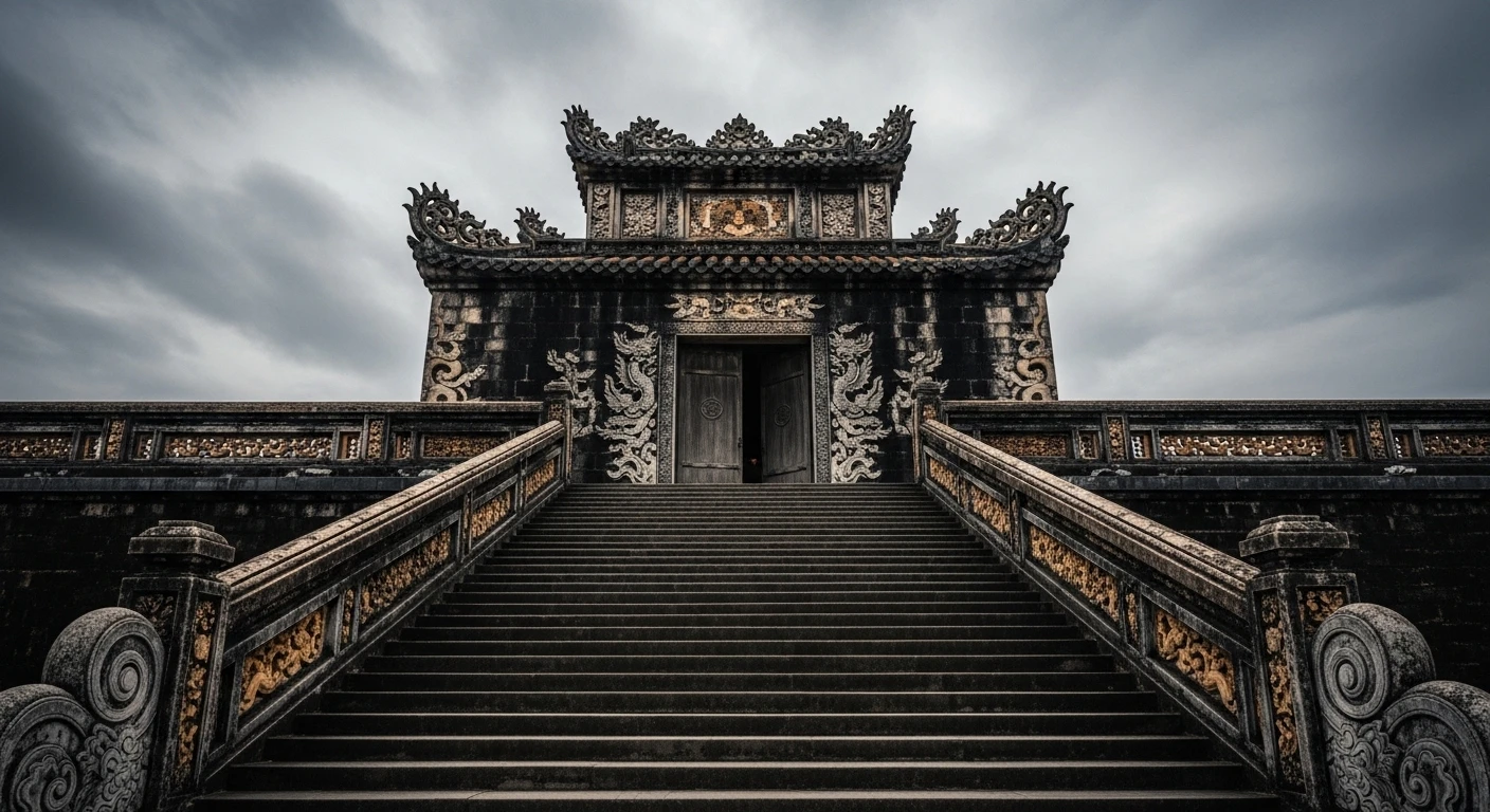 The imposing main gate and stone stairs leading up to Khai Dinh Tomb