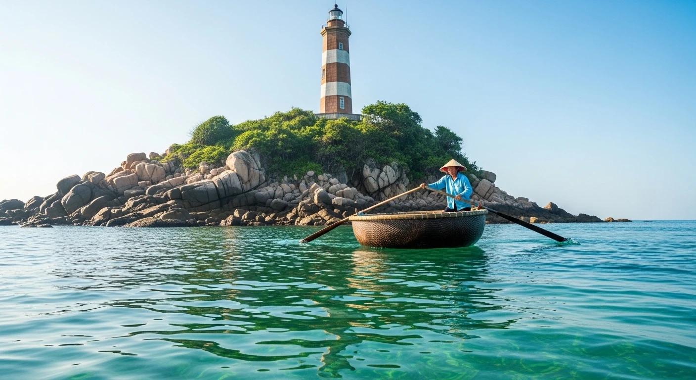 A traditional Vietnamese basket boat approaching the rocky island with Ke Ga Lighthouse in the distance
