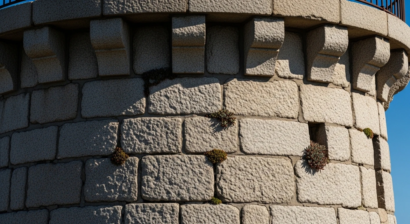 A close-up of the granite structure of Ke Ga Lighthouse, showing its historical architecture