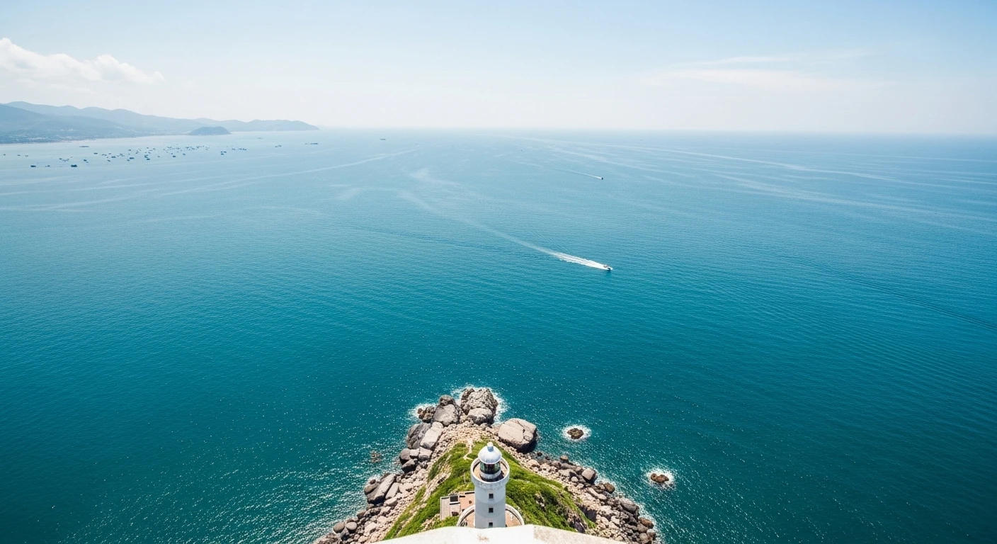 Panoramic view from Ke Ga Lighthouse, showing the vast blue sea and the coastline of Vietnam