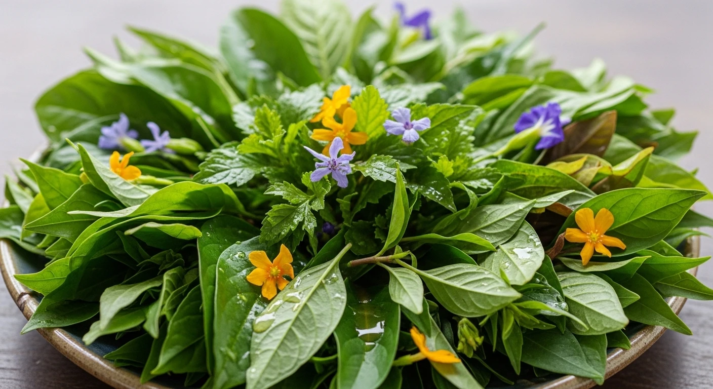 A close-up of a vibrant jungle salad with numerous types of green leaves and herbs