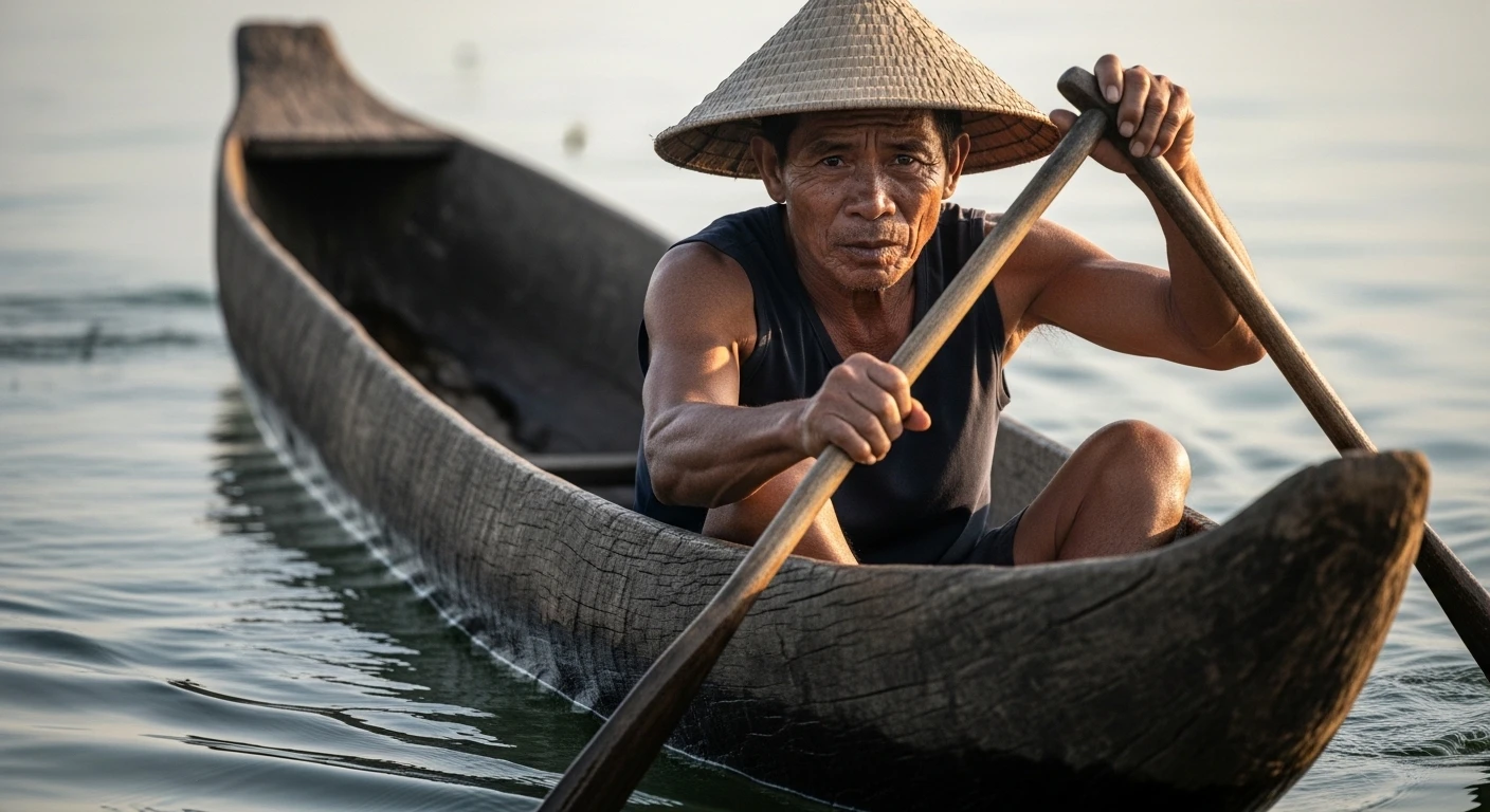 A M'Nong guide expertly paddling a traditional dugout canoe across the calm waters of Lak Lake